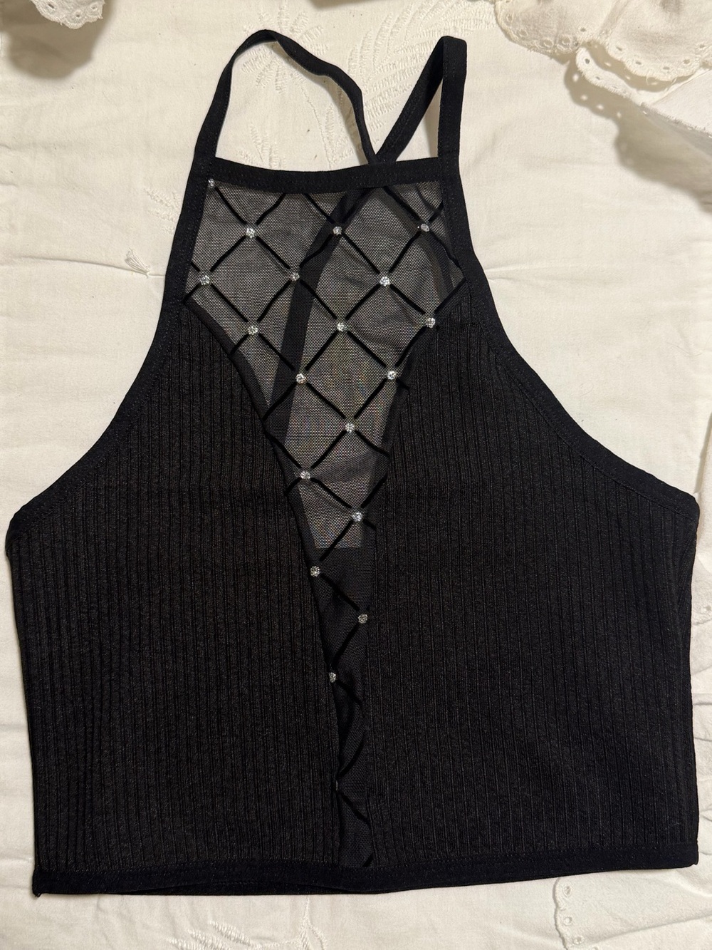 Black Rhinestone Lattice Halter Crop Top